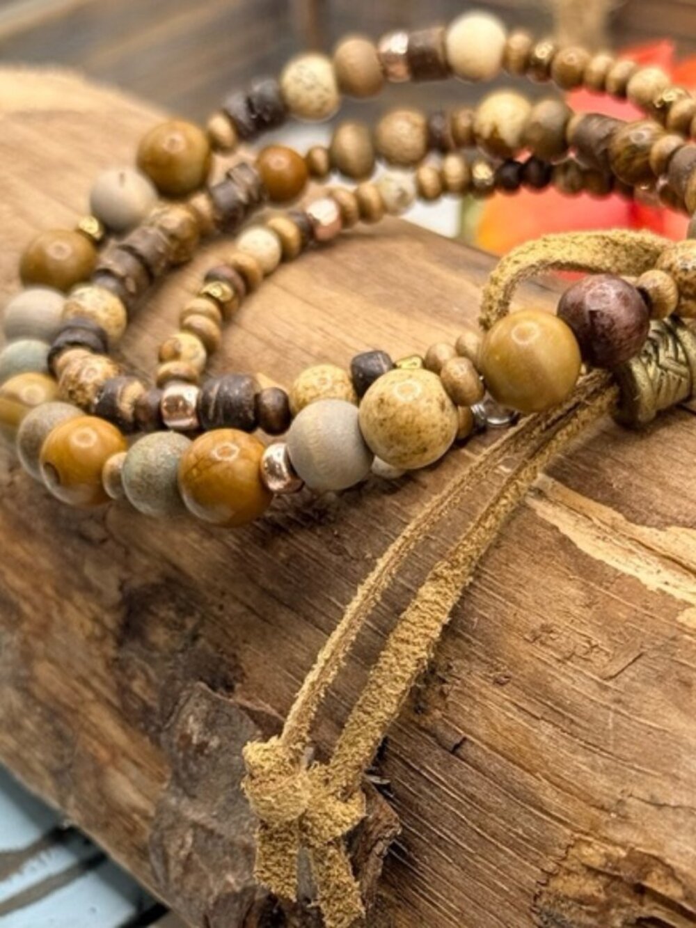 Brown Suede and Tan Jasper layered bracelet + Adjustable rope